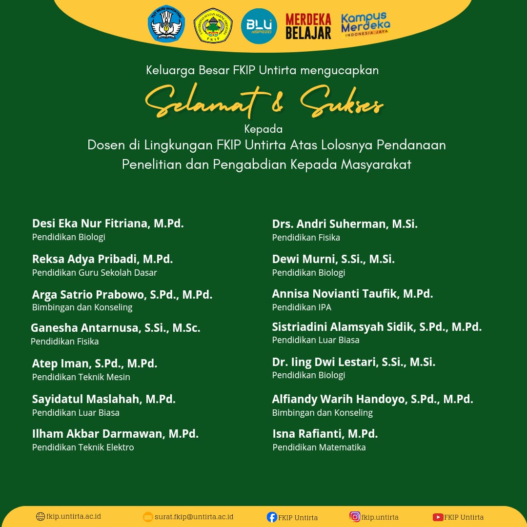 Selamat dan Sukses kepada Annisa Novianti Taufik, M.Pd. Selaku Dosen Pendidikan IPA Untirta atas lolosnya Pendanaan Penelitian dan Pengabdian Kepada Masyarakat (PPM) Internal Untirta 2024